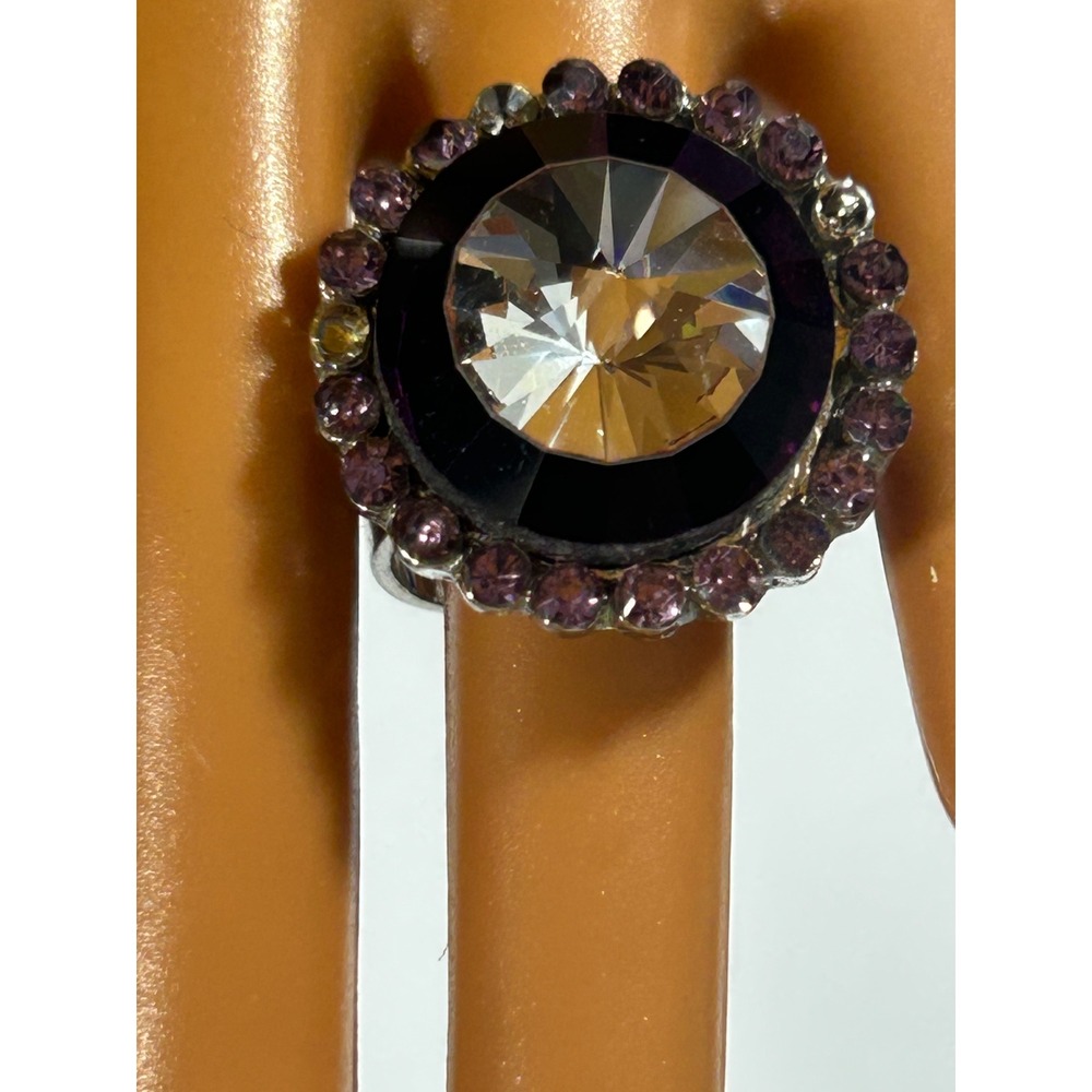 Vintage Y2K Glam Purple Rhinestone Cocktail Ring Adjustable Silver Tone Goth